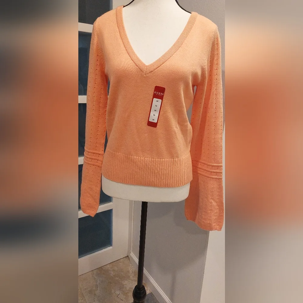 Guess Orange V-Neck Sweater Lightweight Knit - Picture 1 of 10